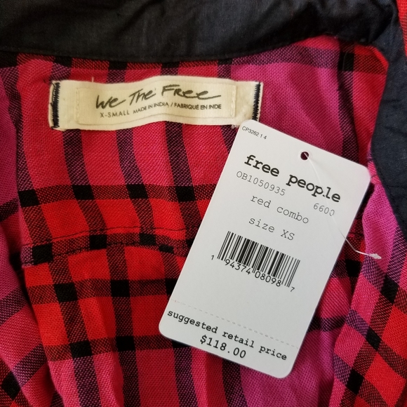 Free People Red & Pink Plaid Shirt XS NWT Adjustable Cinch Waist Arms Frayed Hem - Picture 14 of 15